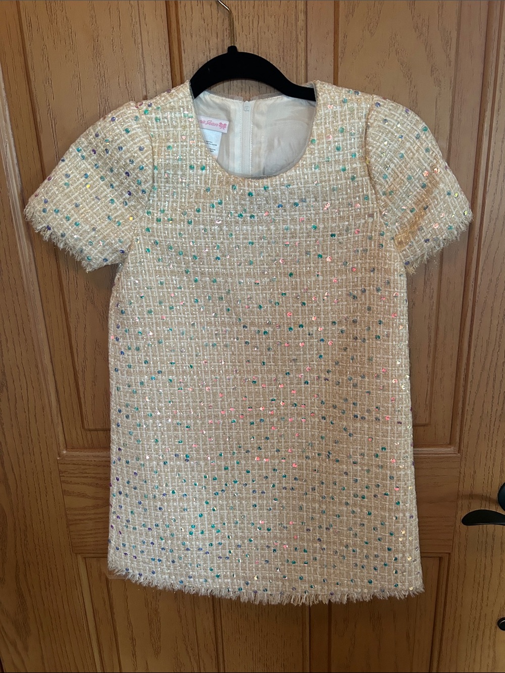 Bonnie Jean Cream Tweed Dress with Multicolor Sequin Accents